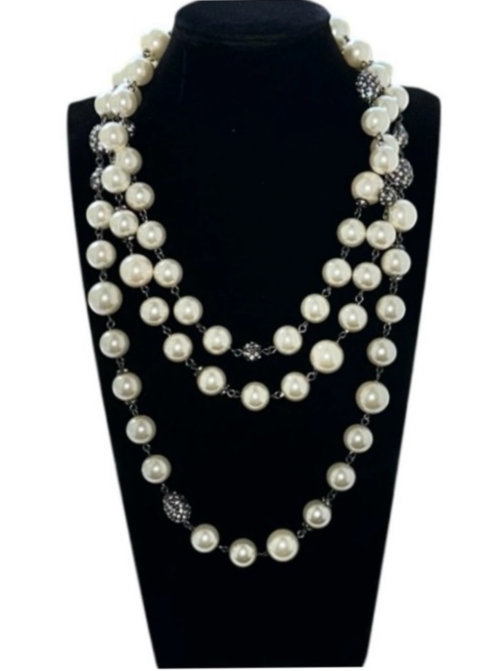 Joan Boyce White Pearl and Crystal Rondelle Beaded 59” Rope Necklace